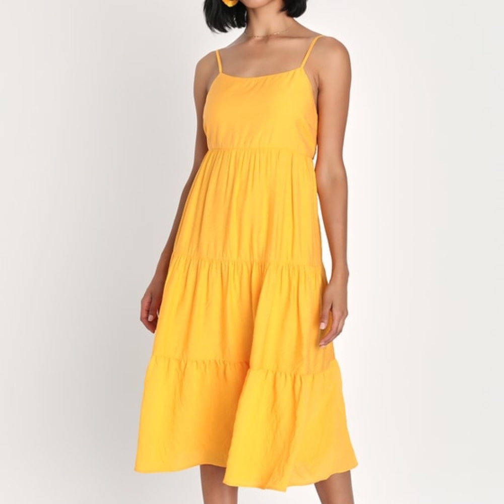 LULU'S Sunshine on Me Golden Yellow Marigold Tiered Tie-Back Midi Dress SZ L NWT